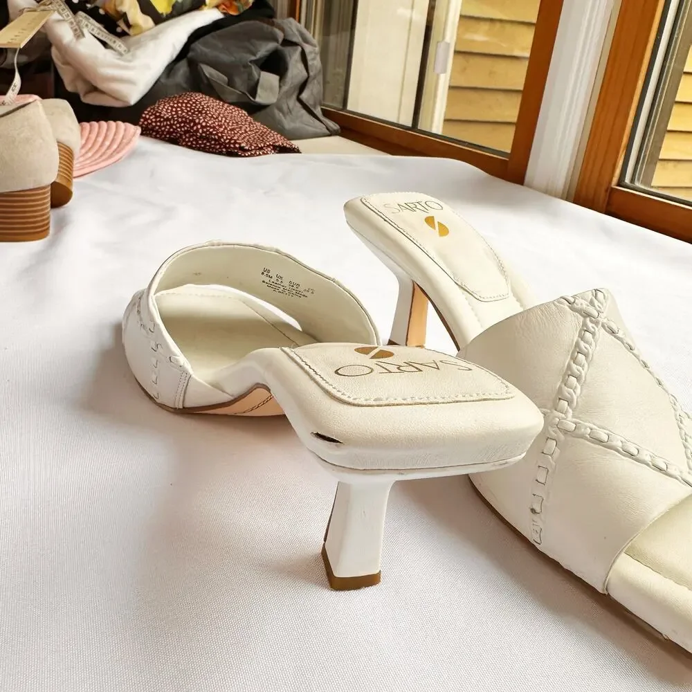 Franco Sarto Betty 8.5 Cream Slip On Shoes Square Sandals Mid Pump Heel - Picture 4 of 7